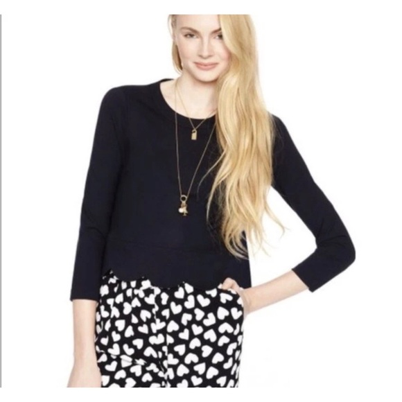 Kate Spade Black Ponte Knit Top 00 Long Sleeve Scallop Hem Zip Back Minimalist - Picture 1 of 12